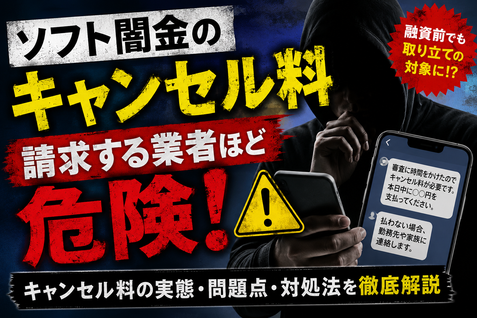 ソフト闇金からキャンセル料を請求され、勤務先や家族への連絡を示唆するメッセージに不安を感じる人物と「キャンセル料を請求する業者ほど危険」と警告する画像。