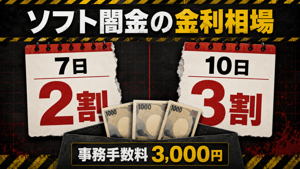 ソフト闇金の金利相場である7日2割・10日3割と事務手数料3,000円を示した比較画像
