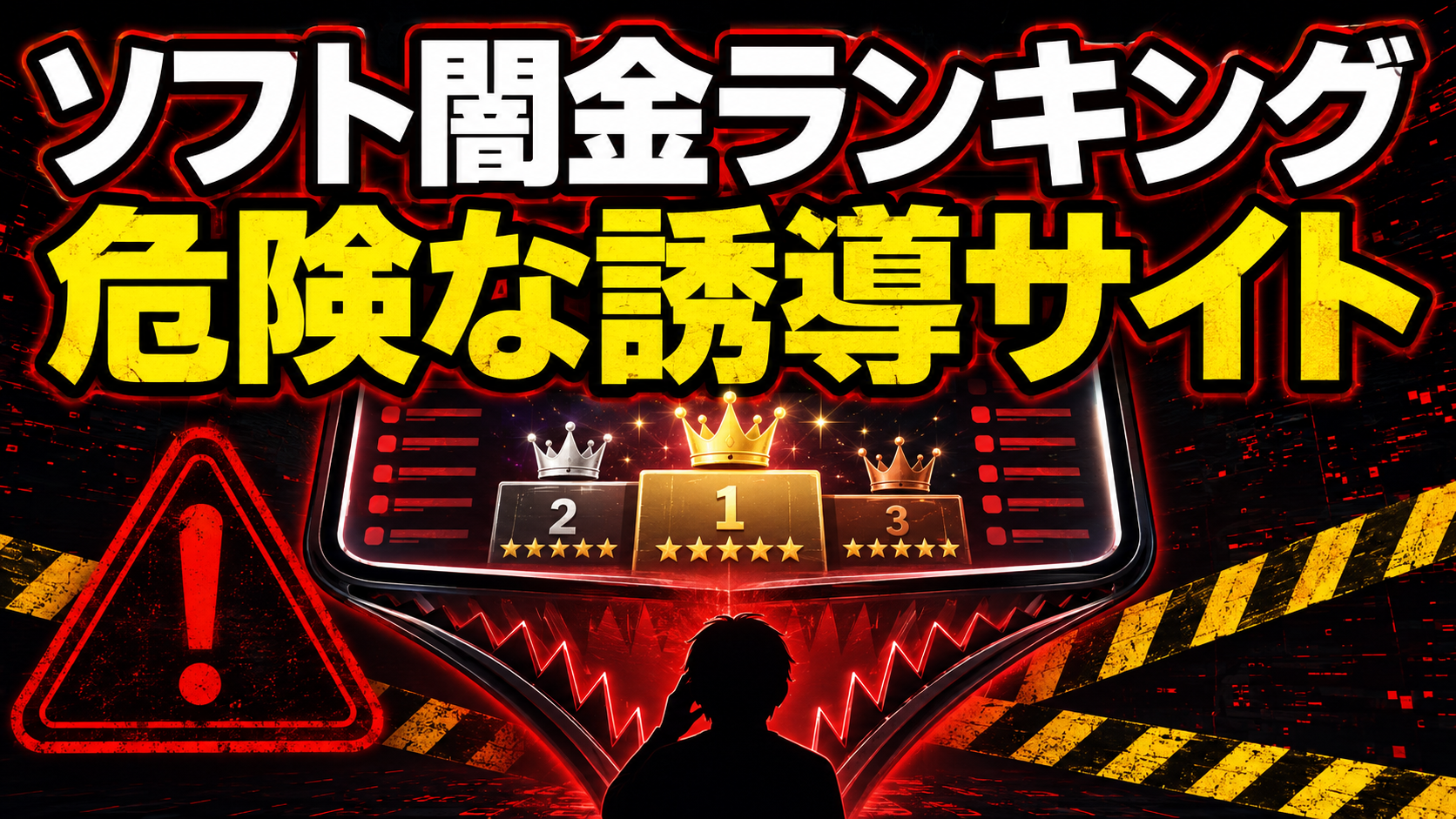 ソフト闇金ランキングが危険な誘導サイトであることを、ランキング画面と警告マークで表現した画像
