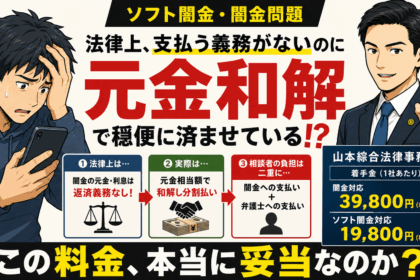 ソフト闇金・闇金問題をテーマに、法律上は返済義務がない元金を和解で支払い、さらに弁護士費用も負担する相談者の二重負担と、山本綜合法律事務所の料金の妥当性を問いかけるイラスト