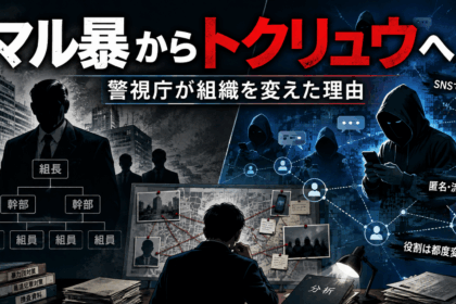 マル暴からトクリュウへ。従来の暴力団型組織と、SNSを利用する匿名・流動型犯罪グループを対比した警視庁の捜査転換を表すイラスト