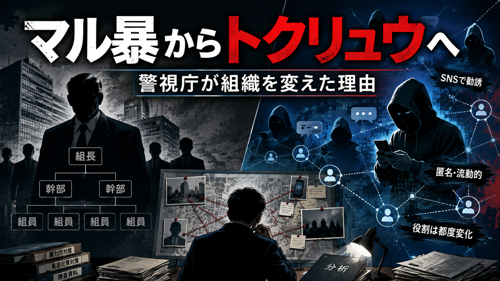 マル暴からトクリュウへ。従来の暴力団型組織と、SNSを利用する匿名・流動型犯罪グループを対比した警視庁の捜査転換を表すイラスト