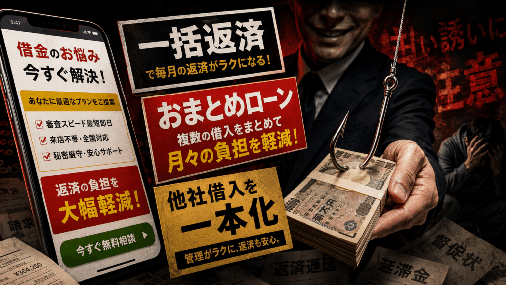 「一括返済」「おまとめローン」「他社借入一本化」といった魅力的な宣伝文句で利用者を誘うソフト闇金の集客イメージ。