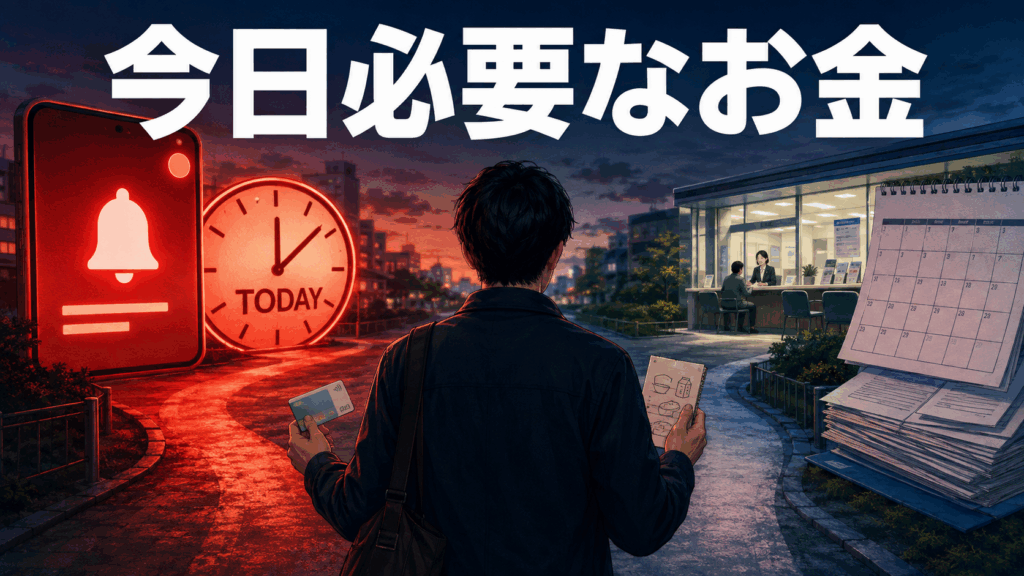 今日必要なお金と時間のかかる公的支援の間で悩む利用者を表現した画像