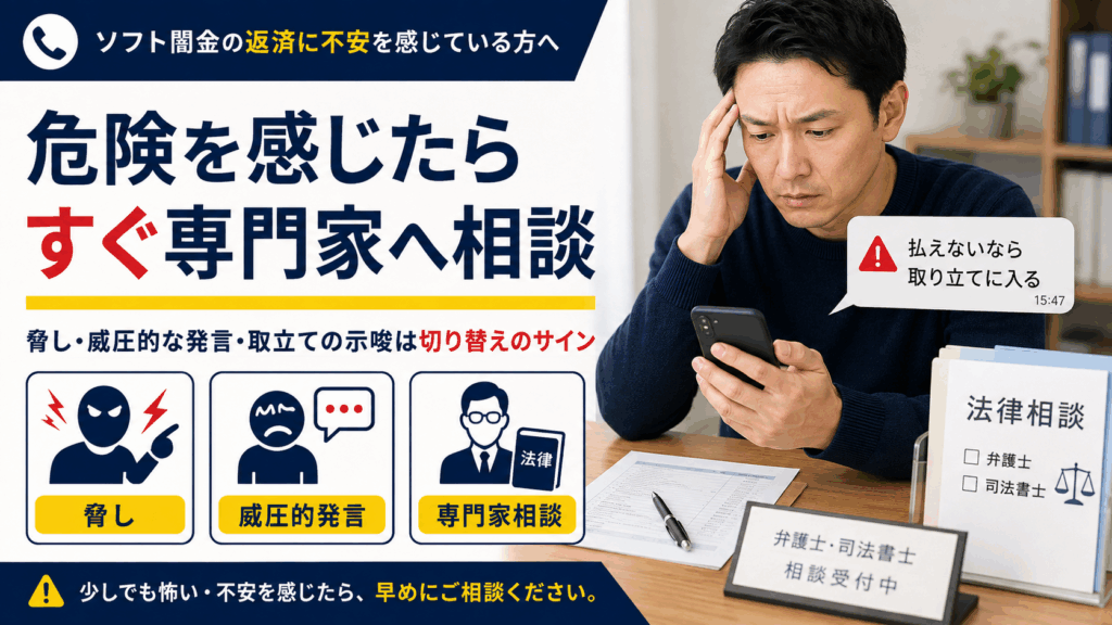 ソフト闇金の担当者から威圧的な連絡を受け、不安を感じた男性が弁護士や司法書士への相談を検討している様子。