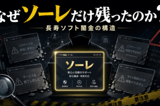 長期間営業を続けるソフト闇金ソーレと、閉鎖した関連業者を対比したイメージ。『なぜソーレだけ残ったのか？』という記事テーマを表現