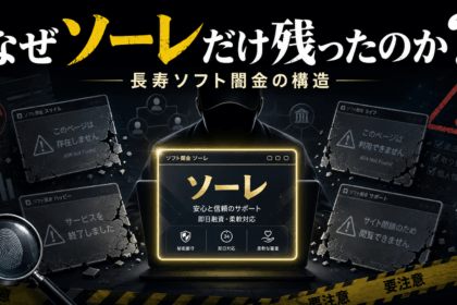 長期間営業を続けるソフト闇金ソーレと、閉鎖した関連業者を対比したイメージ。『なぜソーレだけ残ったのか?』という記事テーマを表現