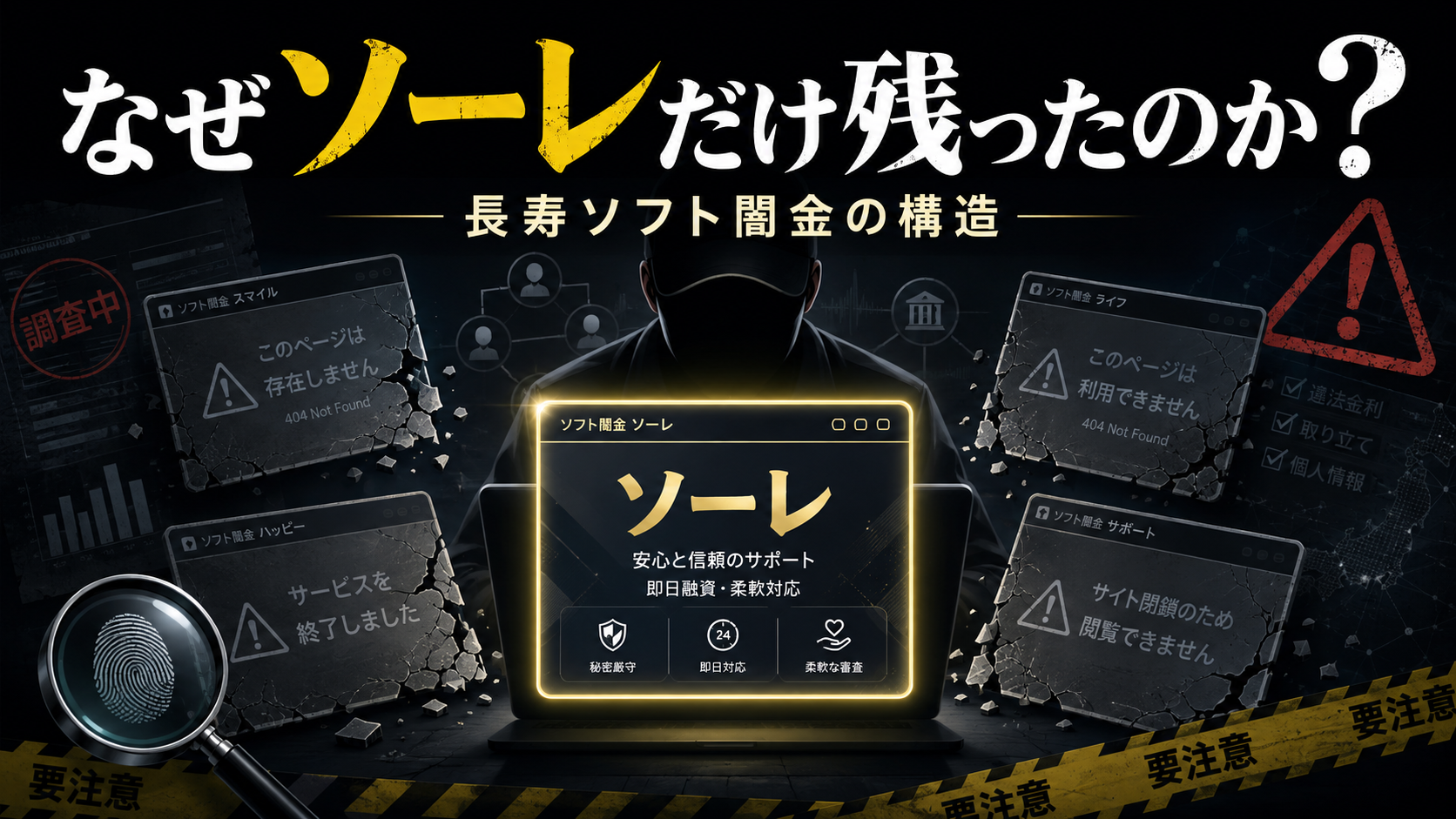 長期間営業を続けるソフト闇金ソーレと、閉鎖した関連業者を対比したイメージ。『なぜソーレだけ残ったのか?』という記事テーマを表現