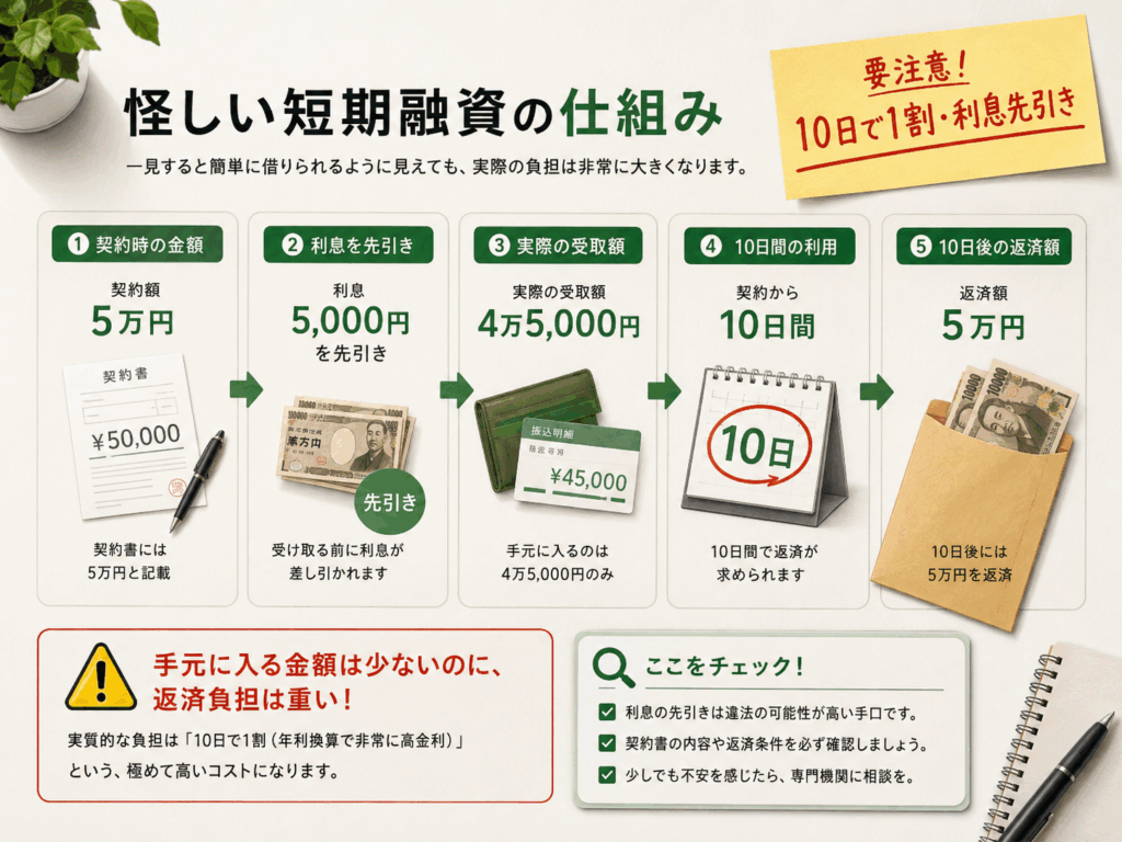 5万円契約で5,000円の利息を先引きし、4万5,000円を受け取って10日後に5万円を返済する短期融資の仕組みを図解した画像。
