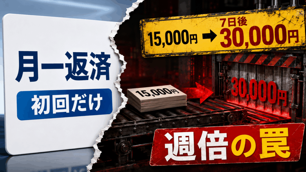 月一返済を宣伝しながら1万5,000円を7日後に3万円で返す週倍へ誘導する手口の画像