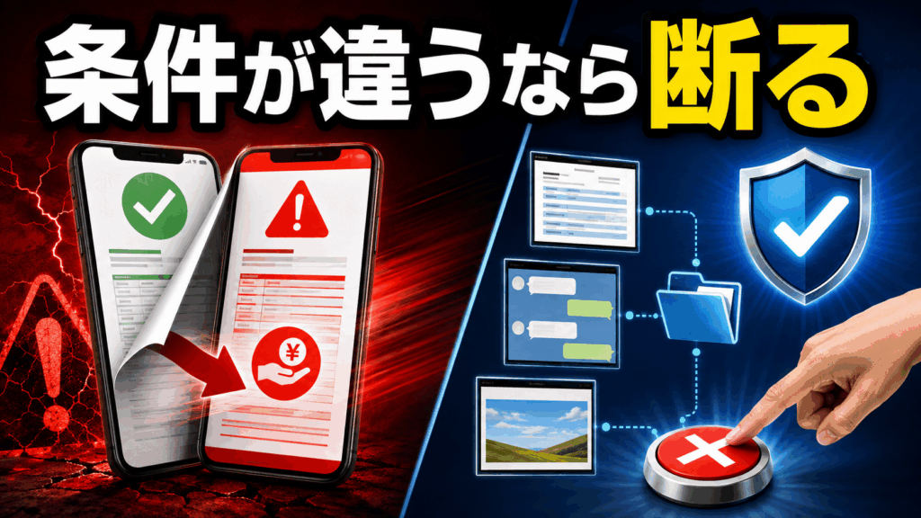 掲載内容と異なる貸付条件を断り、メッセージや画面の証拠を保存する対処法を示した画像