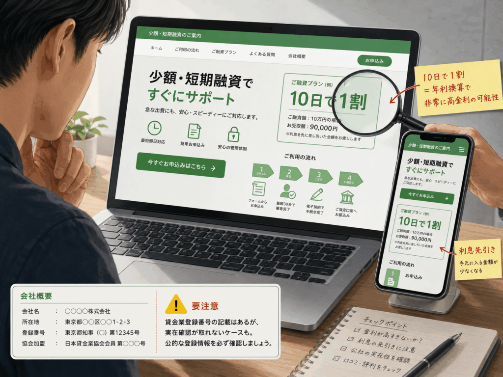 正規業者風に見える短期融資サイトを確認する人物。10日で1割、利息先引き、貸金業登録情報などの注意点を示した画像。