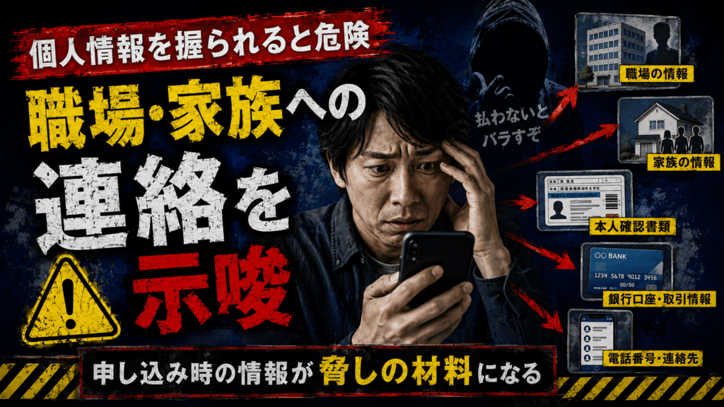 ソフト闇金に渡した勤務先、家族、本人確認書類、銀行口座などの個人情報が、取り立ての材料に使われる危険性を示す画像。