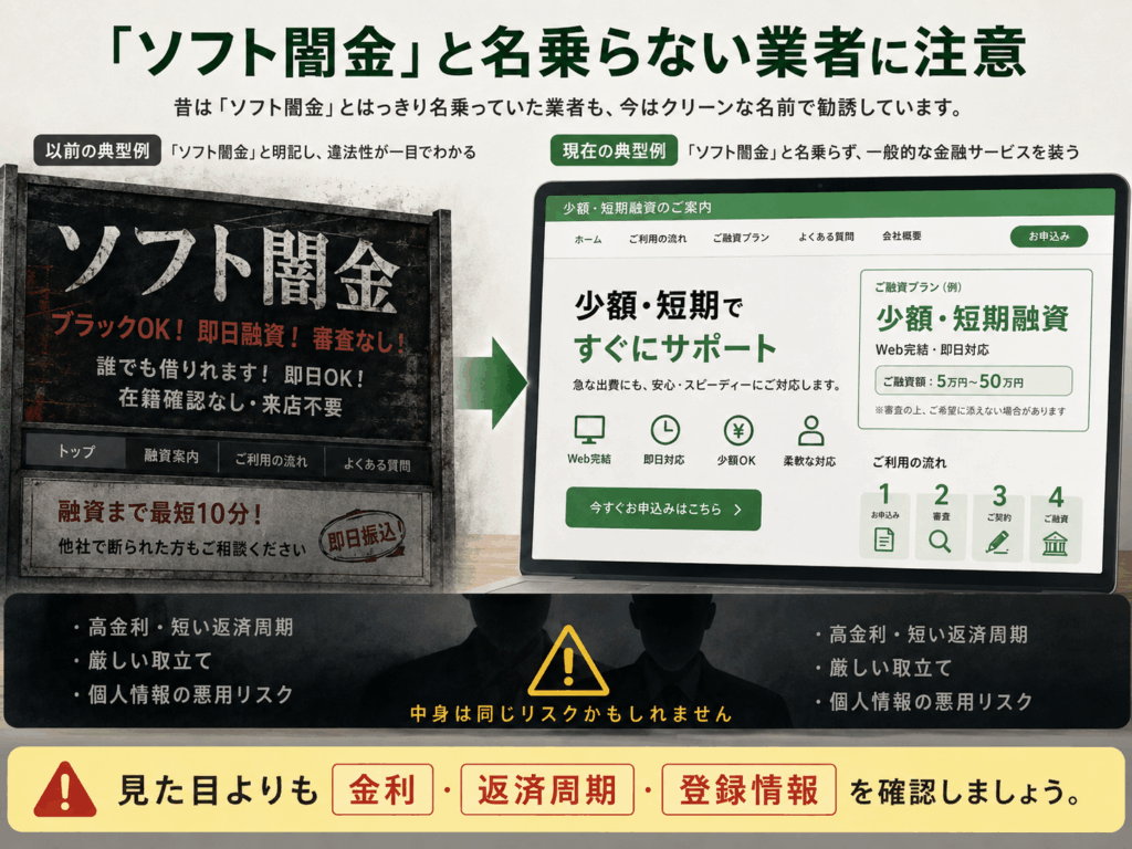 「ソフト闇金」と名乗る従来型サイトと、一般的な金融サービス風に見せる業者を比較し、金利・返済周期・登録情報の確認を促す画像。