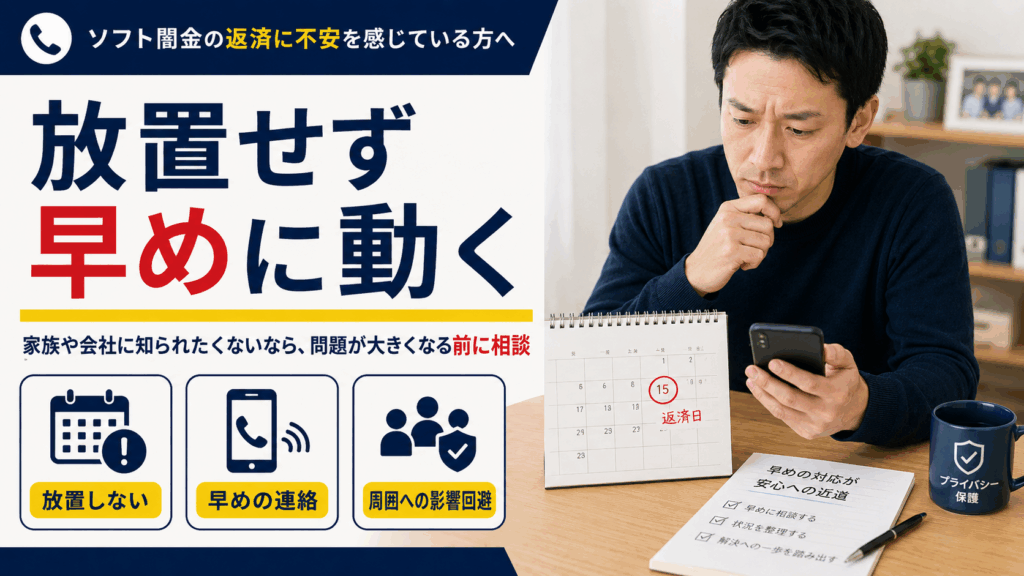 ソフト闇金の担当者から威圧的な連絡を受け、不安を感じた男性が弁護士や司法書士への相談を検討している様子。