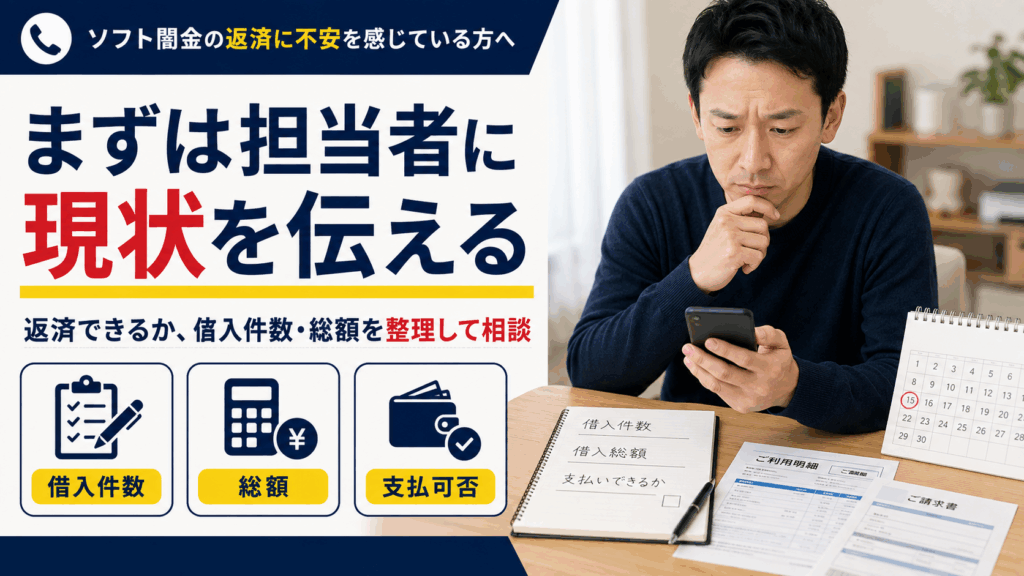ソフト闇金の返済に悩む男性が、借入件数・借入総額・支払可否を整理しながら担当者への相談を考えている様子。