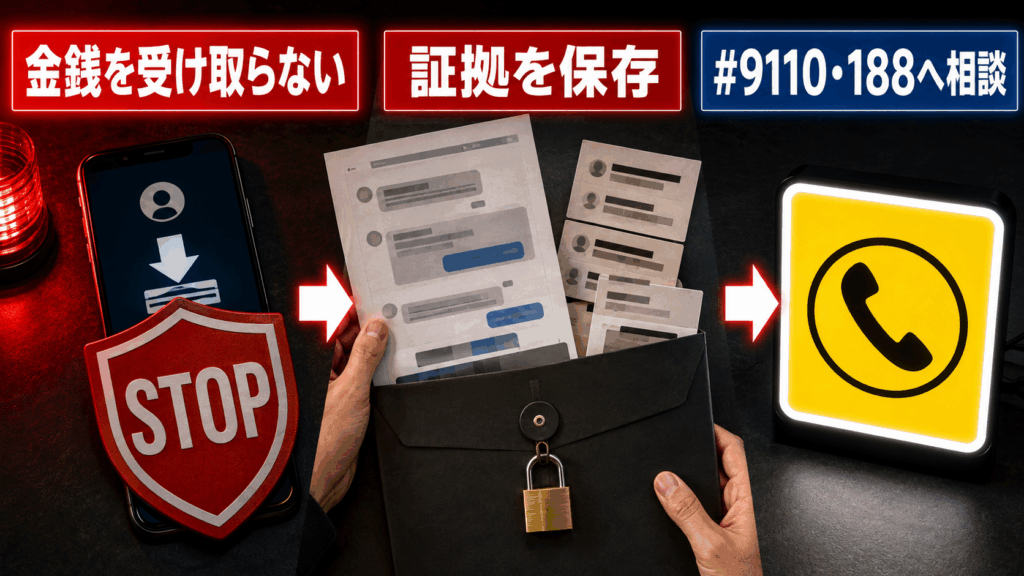 ソフト闇金から金銭を受け取らず証拠を保存し、警察や消費生活センターへ相談する流れを示した画像