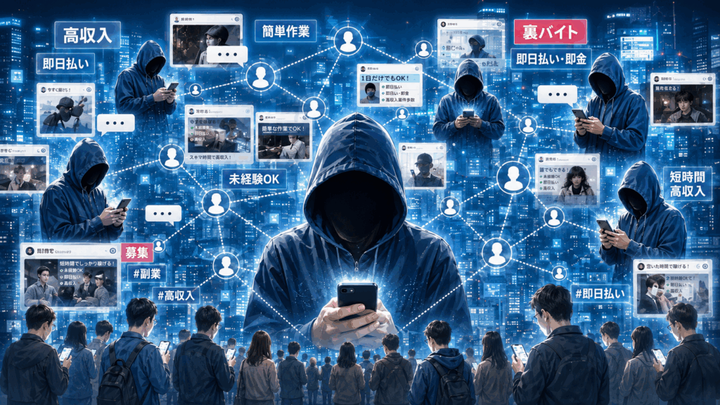 SNSの高収入・即日払いなどの募集から人を集め、スマートフォンでつながる匿名・流動型犯罪グループを表したイラスト