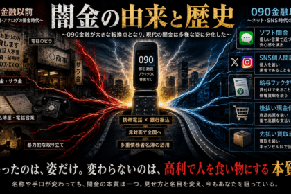 「闇金の由来と歴史」をテーマに、左側に電柱のビラや街金、名簿営業など090金融以前の姿、中央に携帯電話と銀行振込による090金融、右側にソフト闇金、SNS個人間融資、給与ファクタリング、先払い・後払い現金化など現代の闇金融を配置し、闇金が時代に合わせて姿を変えてきた流れを表したアイキャッチ画像。