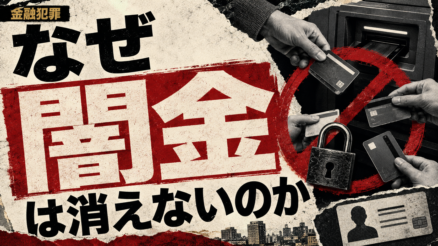 「なぜ闇金は消えないのか」の文字と、ATMに差し出される複数の銀行カードを禁止マークと南京錠で遮断する様子を描いた画像。
