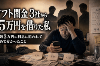 ソフト闇金3社から総額15万円を借り、毎週3万円の利息返済に追われながらスマホを見つめる男性。背後には3社を象徴する影が立ち、借りて返してまた借りる苦しい状況を表現したイメージ