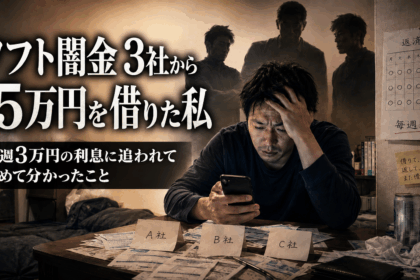 ソフト闇金3社から総額15万円を借り、毎週3万円の利息返済に追われながらスマホを見つめる男性。背後には3社を象徴する影が立ち、借りて返してまた借りる苦しい状況を表現したイメージ