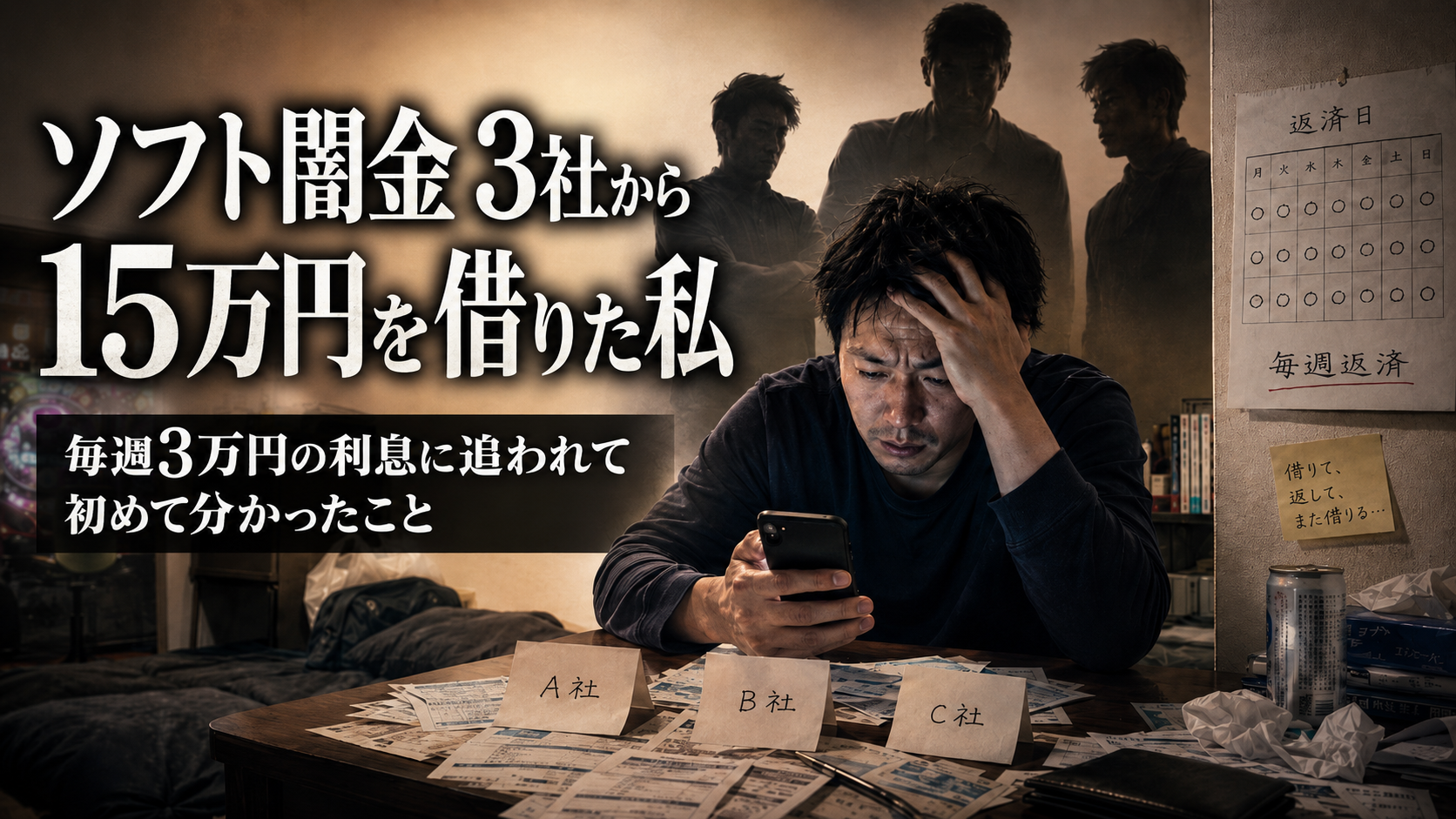 ソフト闇金3社から総額15万円を借り、毎週3万円の利息返済に追われながらスマホを見つめる男性。背後には3社を象徴する影が立ち、借りて返してまた借りる苦しい状況を表現したイメージ