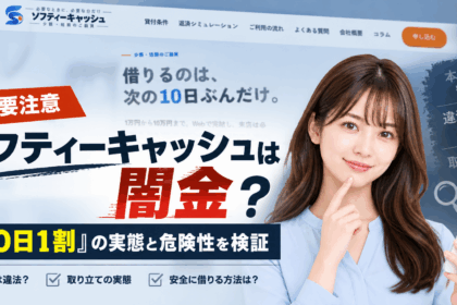 ソフティーキャッシュの公式サイト画面を背景に、「ソフティーキャッシュは闇金？『10日1割』の実態と危険性を検証」と表示した記事のアイキャッチ画像