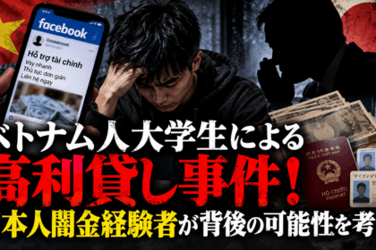 ベトナム人大学生による高利貸し事件をテーマに、Facebookでの集客、日本円、身分証、背後にいる人物の影を描いたアイキャッチ画像
