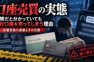 口座売買の実態と、高額買取に惹かれて銀行口座を売ってしまう危険性を表現したアイキャッチ画像。