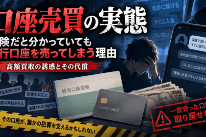 口座売買の実態と、高額買取に惹かれて銀行口座を売ってしまう危険性を表現したアイキャッチ画像。