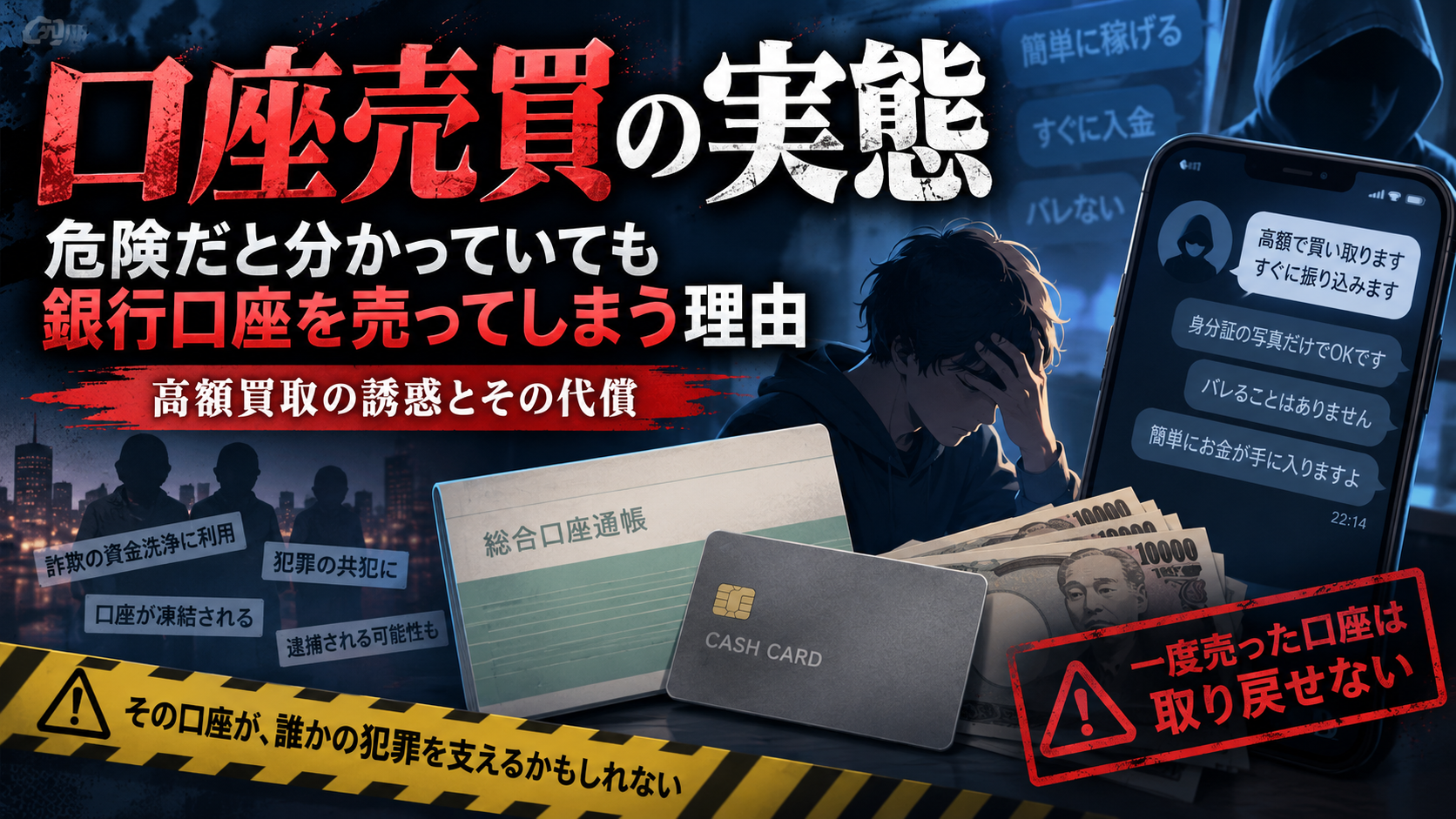口座売買の実態と、高額買取に惹かれて銀行口座を売ってしまう危険性を表現したアイキャッチ画像。