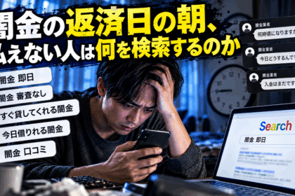 闇金の返済日の朝、支払いができず『闇金 即日』『闇金 審査なし』『すぐ貸してくれる闇金』などを検索する男性のイメージ画像