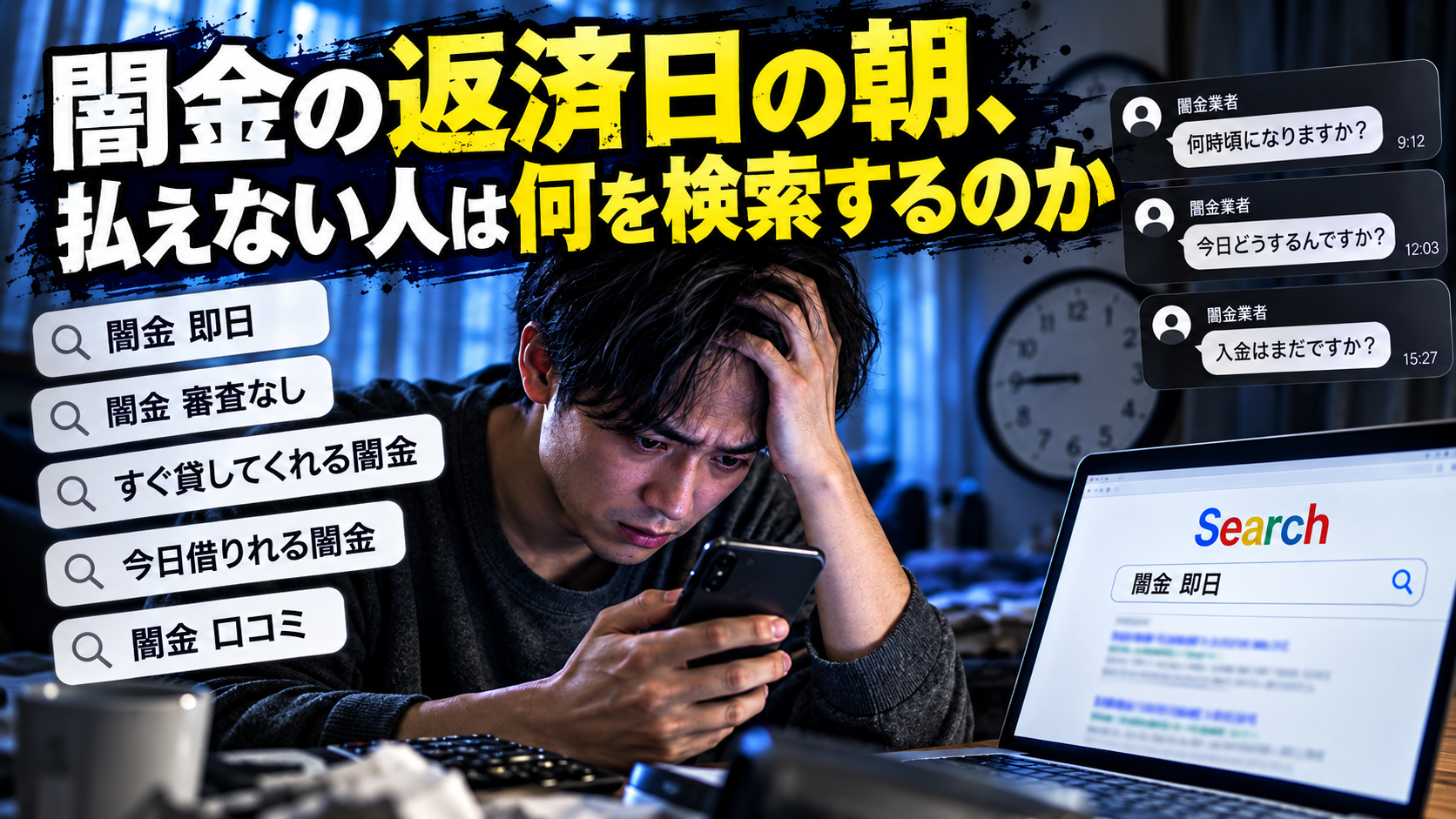 闇金の返済日の朝、支払いができず『闇金 即日』『闇金 審査なし』『すぐ貸してくれる闇金』などを検索する男性のイメージ画像