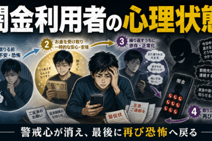 闇金利用者の心理状態を表したイラスト。借入前の恐怖、借入後の安心、闇金への慣れ、取り立てによる再びの恐怖までの心理変化を描いている。