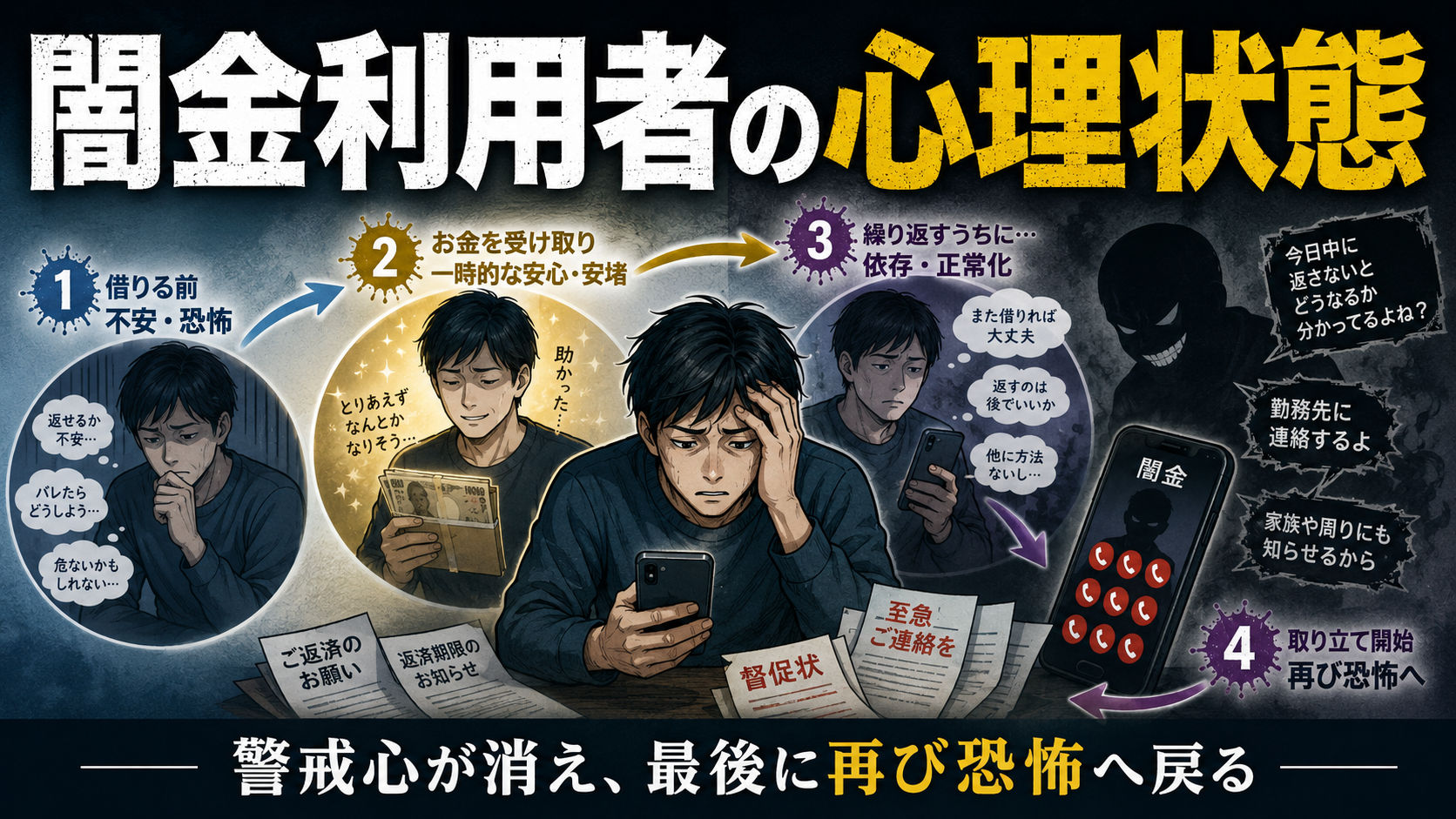 闇金利用者の心理状態を表したイラスト。借入前の恐怖、借入後の安心、闇金への慣れ、取り立てによる再びの恐怖までの心理変化を描いている。