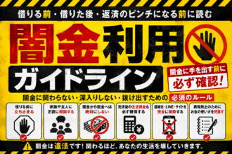 闇金利用ガイドラインの注意喚起画像。闇金に関わらないためのポイントとして、借りる前に立ち止まる、家族や友人に相談する、闇金返済のために別の闇金から借りない、完済後の生活資金を確保する、連絡先を削除する、お金の使い方を見直すことを示している。