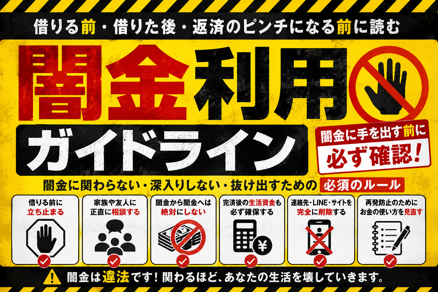 闇金利用ガイドラインの注意喚起画像。闇金に関わらないためのポイントとして、借りる前に立ち止まる、家族や友人に相談する、闇金返済のために別の闇金から借りない、完済後の生活資金を確保する、連絡先を削除する、お金の使い方を見直すことを示している。