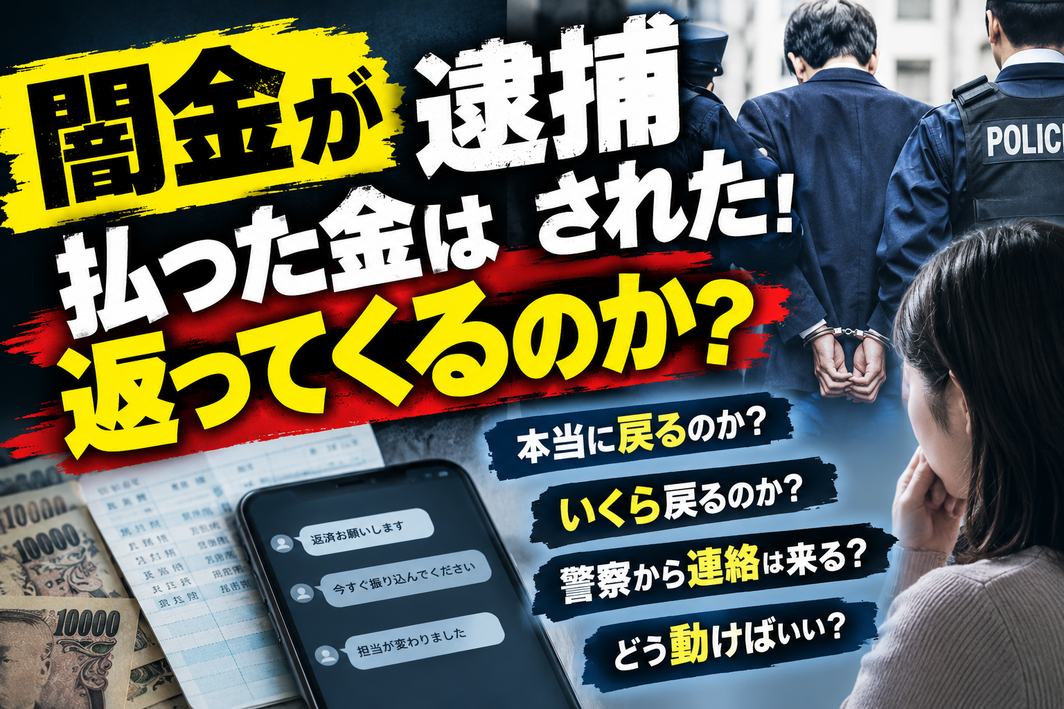 「闇金が逮捕された！払った金は返ってくるのか？」の文字と、警察に連行される人物、現金、返済催促のスマートフォン、不安を抱える利用者を描いたアイキャッチ画像